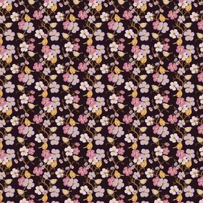 Whimsical Trailing Floral Garden Pattern with Birds - Ebony and Red, Mauve, Lavender, Magenta and Yellow - Small Scale