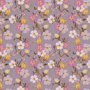Whimsical Trailing Floral Garden Pattern with Birds - Lavender, Mauve, Lavender, Magenta and Yellow - Medium Scale