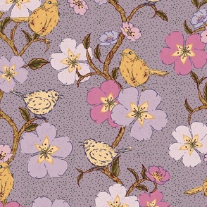 Whimsical Trailing Floral Garden Pattern with Birds - Lavender, Mauve, Lavender, Magenta and Yellow - Large Scale