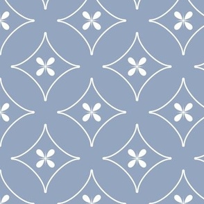 Flowers in diamonds white on slate blue geometric pattern