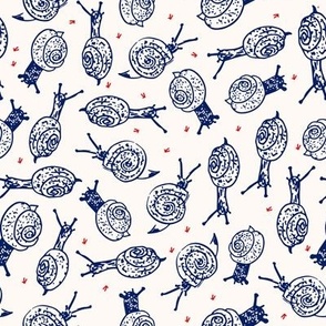 hand drawn Indigo snails with red plants mid scale