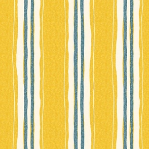 hand painted linen ticking stripe extra large wallpaper scale in mustard yellow teal by Pippa Shaw
