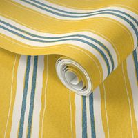 hand painted linen ticking stripe large wallpaper scale in mustard yellow teal by Pippa Shaw