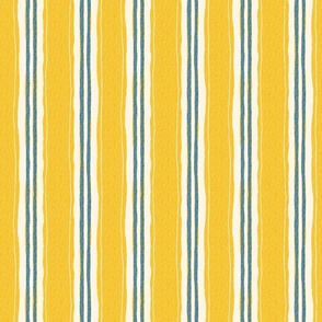hand painted linen ticking stripe medium wallpaper scale in mustard yellow teal by Pippa Shaw