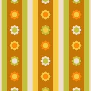 Retro yellow, orange and brown 70s style flowers and stripes