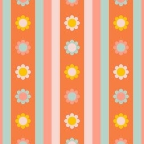 Retro pink, orange and mint green 70s style flowers and stripes