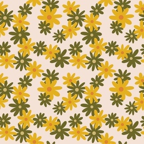 Small Scale Mid-Century Green and Yellow Flowers