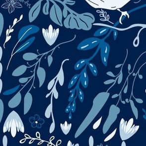 Birds In Blue Arts And Crafts White And Blues On Dark Blue Ground Large Scale