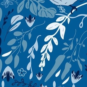 Birds In Blue Arts And Crafts Light Blue And White On Cerulean Blue Large Scale