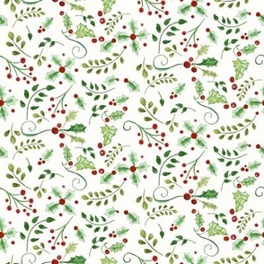8" Christmas Holly Berry Foliage Watercolor in White by Audrey Jeanne