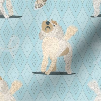 Keep Your Chin Up!  Doodle Dogs,  BLUE, SMALL Scale, Doodles and Butterflies, 3600, 2—Subtle, Neutral, Kids, Sheets, Tweens, Bedding, Bedroom, Curtains, Blanket, Butterfly, Puppy, Dog, Retriever, Poodle, Adorable, Kitchen, Tea, Towel, Pillow, Table Runner