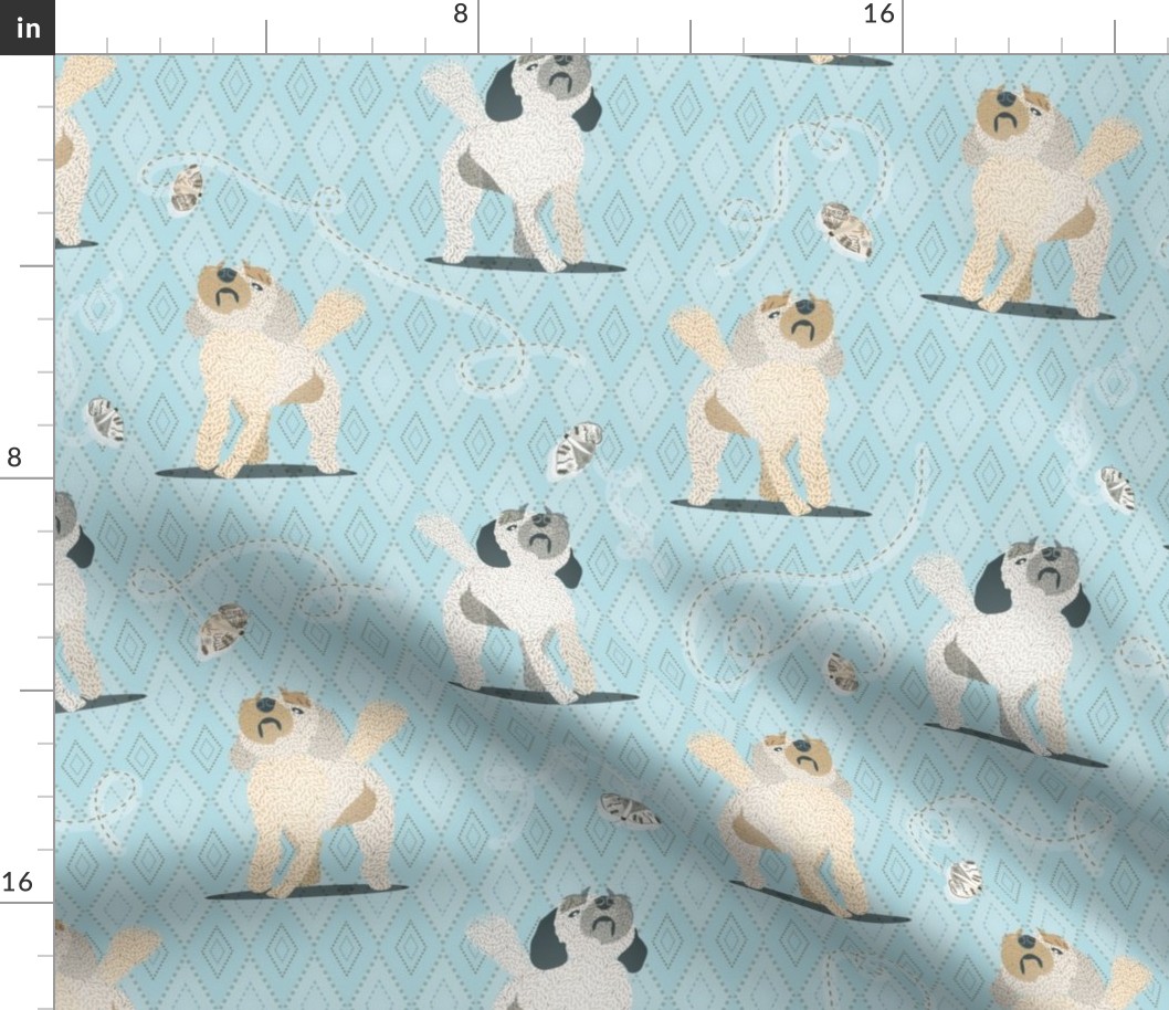 Keep Your Chin Up!  Doodle Dogs,  BLUE, SMALL Scale, Doodles and Butterflies, 3600, 2—Subtle, Neutral, Kids, Sheets, Tweens, Bedding, Bedroom, Curtains, Blanket, Butterfly, Puppy, Dog, Retriever, Poodle, Adorable, Kitchen, Tea, Towel, Pillow, Table Runner