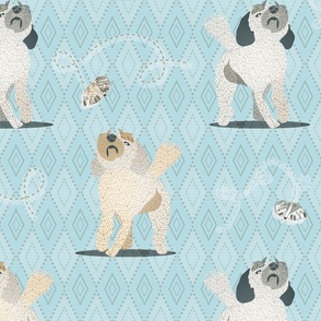 Keep Your Chin Up!  Doodle Dogs, LARGE SCALE Doodles and Butterflies, Blue— 6000, v2; butterfly, puppy, dog, golden doodle, diamond, sheets, bedding, duvet, twin xl, tween, bedroom, encourage, encouragement