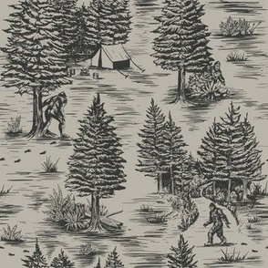 Small-Scale Bigfoot/Sasquatch Toile de Jouy in Charcoal & Taupe