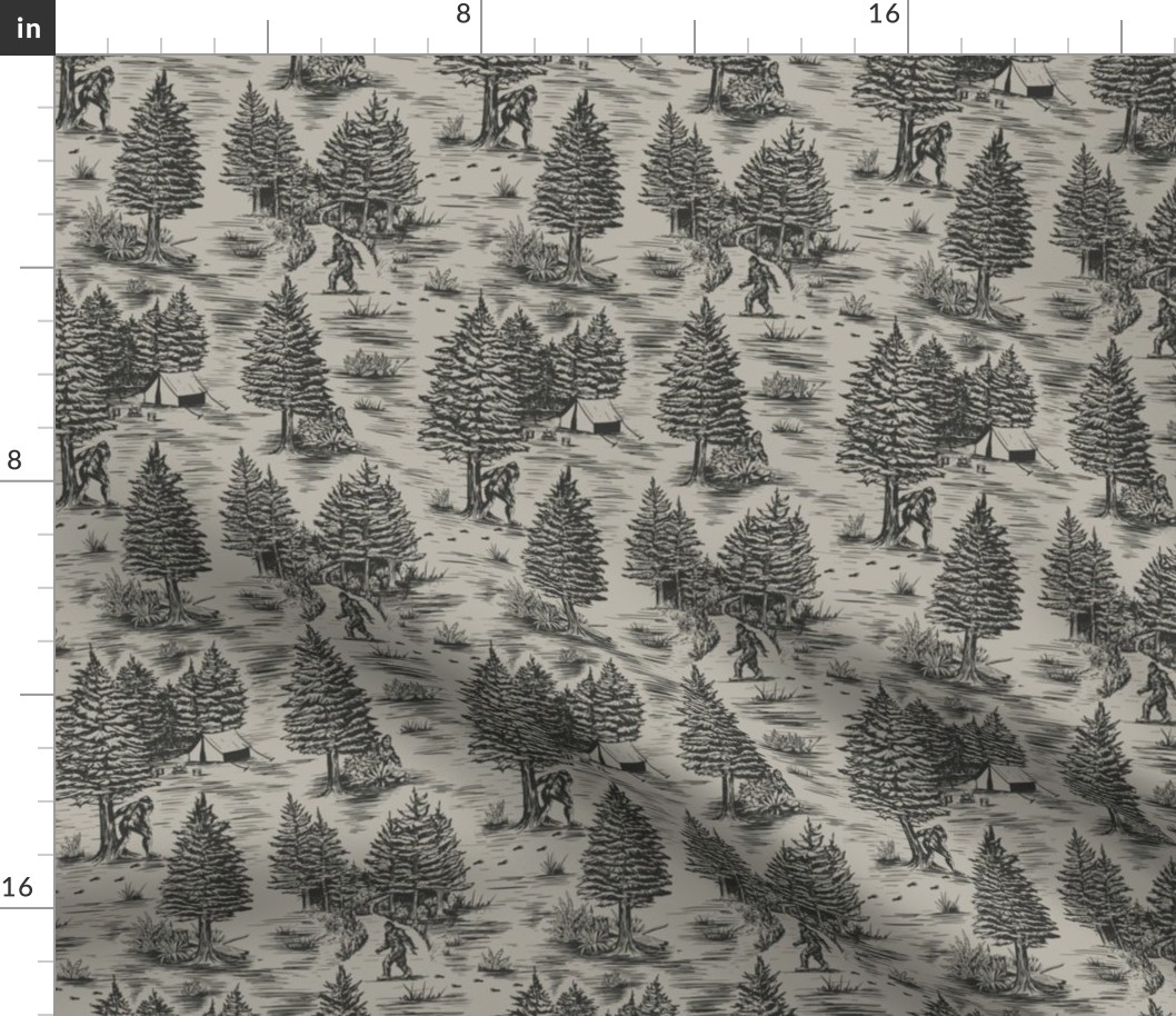 Small-Scale Bigfoot/Sasquatch Toile de Jouy in Charcoal & Taupe