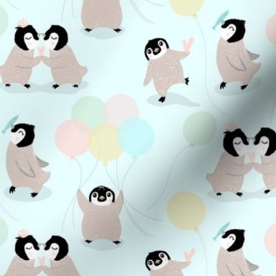 Baby Penguins Party with Balloons, Ice Blue