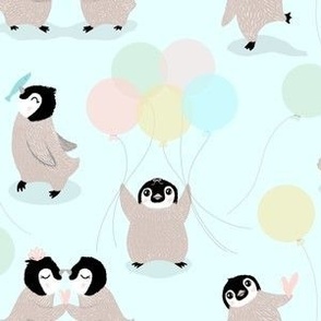Baby Penguins Party with Balloons, Ice Blue