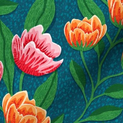 MD Trailing Pink and Orange Tulips on a Deep Blue Polka Dot Background - Medium