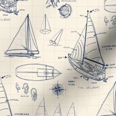 Sail Boat Blueprints, Navy on Ivory