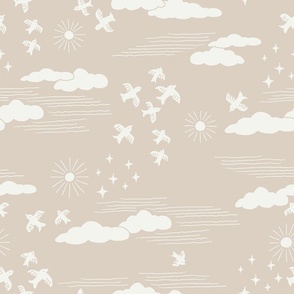 CLASSIC HAND DRAWN SKY ABOVE PRINT WITH BIRDS CLOUDS SUN AND STARS IN NETURALS BEIGE AND OFF WHITE