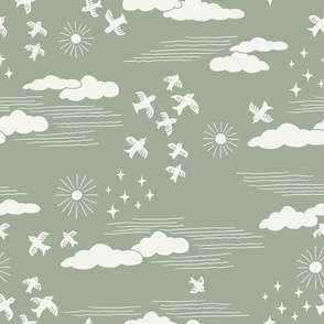 CLASSIC SKY ABOVE SUN CLOUDS BIRDS SAGE GREEN AND CREAM LARGE SCALE