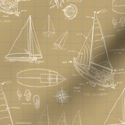 Sailboat Blueprints on Khaki