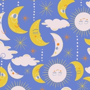 LARGE: Celestial smiling white sun and yellow moon amid the clouds