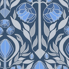 Art deco peonies in blue and gray, 24" 
