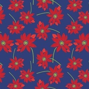 Scarlet Water lilies and green stems on indigo blue, smaller repeat