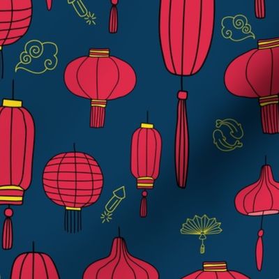 Red Chinese New Year Lanterns with symbols on blue background