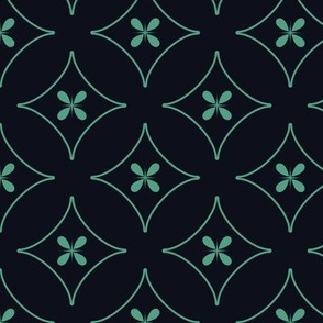 Flowers in diamonds mint green on black geometric pattern