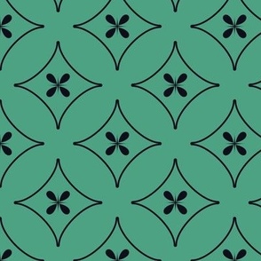 Flowers in diamonds black on mint green geometric pattern