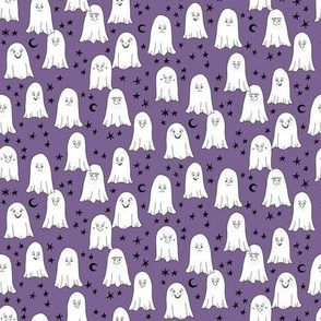 460 - Small scale purple, white and black ghosts, moon and stars - for Halloween  children apparel and décor 