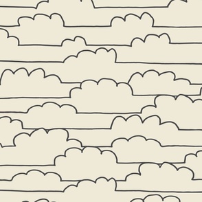 LARGE SIMPLE HAND-DRAWN LINEAR CLOUDS-CREAM WHITE-CHARCOAL BLACK