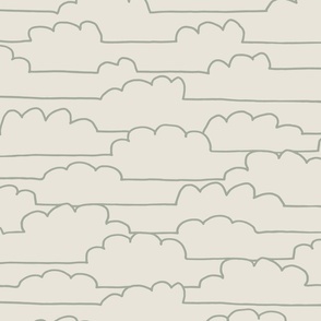 LARGE SIMPLE MINIMALISM HAND-DRAWN LINEAR CLOUDS-CREAM WHITE-LIGHT GREY GREEN