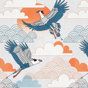 Bold Oriental Style Secretary Birds - Soft Blue and Orange Skies - Medium Scale