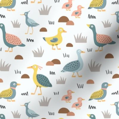Puzzled water birds on pastel blue, pink and yellow on white background- duck, ducklings, goose, heron - small scale 6 " repeat