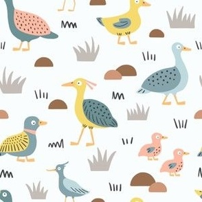 Puzzled water birds on pastel blue, pink and yellow on white background- duck, ducklings, goose, heron - small scale 6 " repeat