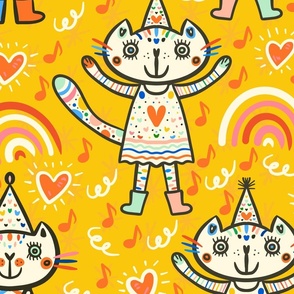 Cut-cuter-cutest-party-cats-on-vibrant-retro-yellow-XL-jumbo