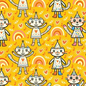 Cut-cuter-cutest-party-cats-on-vibrant-retro-yellow-L-large