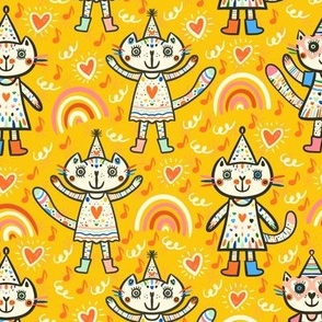 Cut-cuter-cutest-party-cats-on-vibrant-retro-yellow-M-medium