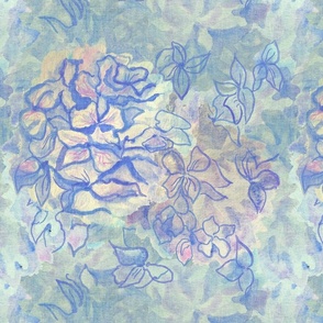 Watercolor Hydrangea flowers in soft impressionist rococo blue
