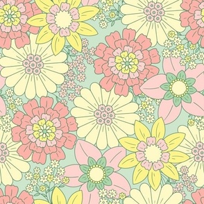 Pastel Pink, Yellow and Green Pretty Retro Flowers