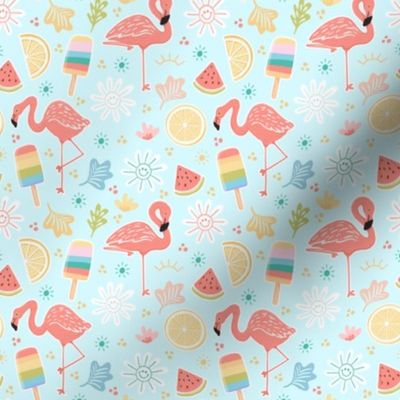 Summer fun flamingos, popsicles, watermelon, and daisies in blue 4 inch