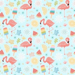Summer fun flamingos, popsicles, watermelon, and daisies in blue 4 inch