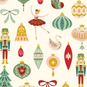 Green, Red, Gold and Ivory Retro Christmas Ornaments in Folk Art Style