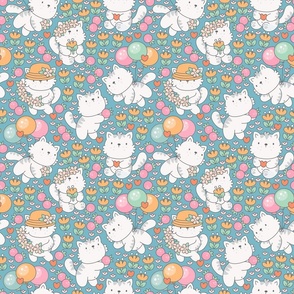 Cute kawaii kittens in flowers. Turquoise. Small