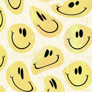 Trippy Boho Mustard Yellow Smiley Face - Boho Gold Smiley Face - Pale Yellow Trippy Smiley Face - SmileBlob - xxtsf515 - 67.91in x 56.49in repeat - 150dpi (Full Scale)