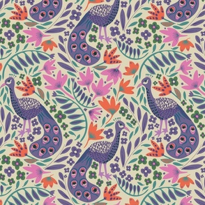 Peacocks light smaller (fabric repeats every 12"- wallpaper 12") - A busy colorful boho folk floral design with peacocks and flowers galore.