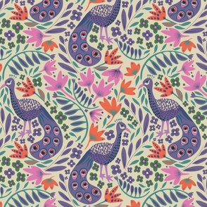 Peacocks light smaller (fabric 6"- wallpaper 12") - A busy colorful boho folk floral design with peacocks and flowers galore.